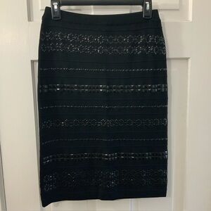 Carmen Marc Valvo Fine Knit Banded Pencil Skirt with Black Embellishment XS